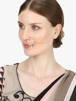 Adwitiya - Gold Plated Kundan & Pearl Beaded Nosepin with Chain