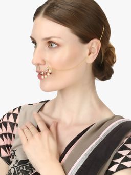 Adwitiya - Gold Plated Pink Stone Kundan & Pearl Beaded Nosepin with Chain