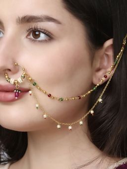 Adwitiya - 24 Ct Gold Plated Stone Studded with Chained Nose Ring