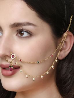 Adwitiya - 24 Ct Gold Plated Stone Studded with Chain Nose Ring