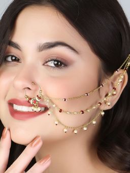 Adwitiya - 24 Ct Gold Plated Stone Studded Pearl with Chain Nose Ring