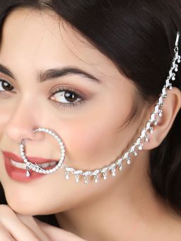 Adwitiya - Rhodium Plated American Diamond Nath with Chain Nose Ring