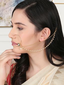 Adwitiya - 24 Ct Gold Plated Marathi Stone Studded with Chain Nose Ring