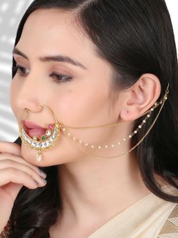 Adwitiya - 24 Ct Gold Plated Marathi Stone Studded with Chain Nose Ring