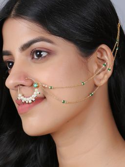Adwitiya - 24 Ct Gold Plated Pearls Beaded with Chained Nose Ring