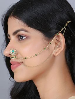 Adwitiya - 24 Ct Gold Plated Flower Stone Studded with Chained Nose Pin