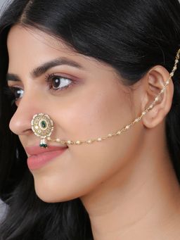 Adwitiya - 24 Ct Gold Plated Flower Stone Studded with Chained Nose Pin
