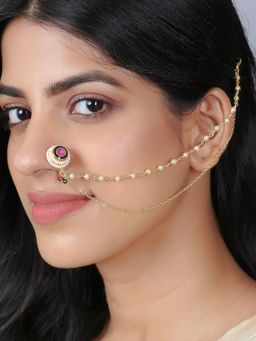 Adwitiya - 24 Ct Gold Plated Pearl Beaded with Chained Nose Pin
