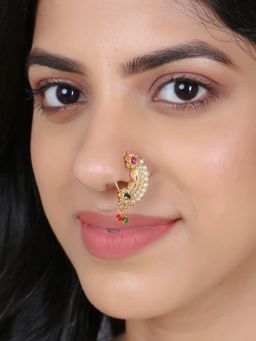 Adwitiya - 24 Ct Gold Plated Flower Pearl Beaded Handcrafted Nose Pin