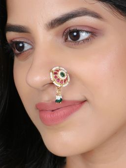 Adwitiya - 24 Ct Gold Plated Stone Studded Pearl Beaded Handcrafted Nose Pin