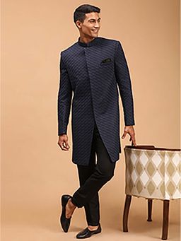 Vastramay - Navy Blue Jacquard Ethnic Motif Synthetic Sherwani with Pant