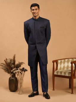 Vastramay - Blue Jacquard Ethnic Motif Synthetic Sherwani with Cotton Pant
