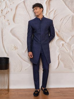 Vastramay - Navy Blue Silk Blend Jacquard Glitter Texture Sherwani with Pant