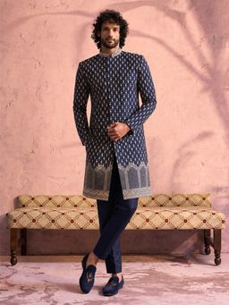 Vastramay - Navy Blue Mirror Work and Resham Embroidery Sherwani with Pant