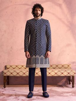 Vastramay - Navy Blue Mirror Work and Embroidery Sherwani with Cotton Pant