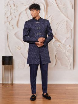 Vastramay - Navy Blue Jacquard Silk Blend Sherwani with Silk Blend Pant