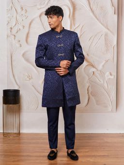 Vastramay - Navy Blue Jacquard Silk Blend Sherwani with Cotton Pant
