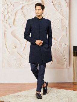 Vastramay - Navy Blue Embossed Silk Blend Sherwani with Pant