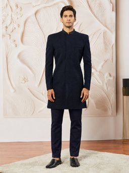 Vastramay - Navy Blue Embossed Silk Sherwani with Pant