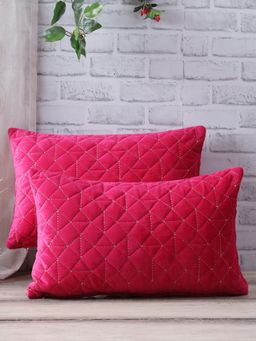 Eyda - Super Soft Velvet Fuchsia Color Set Of 2 Quilted Cushion Cover-12X20 Inch
