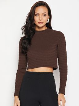 CAMLA - Brown Solid High Neck Crop Top Brown