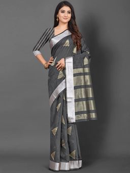 Akhilam - Women Linen Grey Woven Design Celebrity Saree with Unstitched Blouse