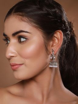 Aatmana - Women Peacock Shaped Red Stone Pearl Jhumka Earrings