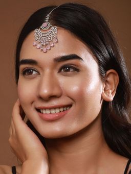 Aatmana - Rhodium-Plated Pink American Diamond Studded Maangtikka