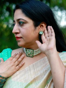 Aatmana - Gold-Plated Green Kundan-Studded Pearl Jewellery Set