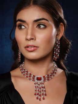 Aatmana - Women Red Rhodium-Plated Ad-Studded Jewellery Set