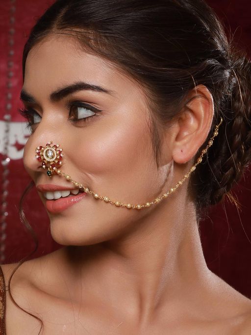 Aatmana Gold-Plated Multi-Color Kundan Chained Nose Ring