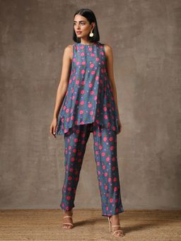 trueBrowns - Blue Pink Printed Silk Co-ord (Set of 2)