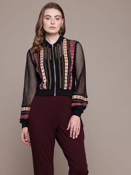 Label Ritu Kumar - Black Luciano Mesh Bomber Jacket with Camisole (Set of 2)