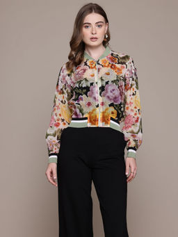 Label Ritu Kumar - Black Band Collar Printed Bomber Jacket