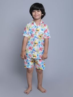 Little Clothings - Boys Multi-Color Cotton Floral Printed Shirt with Shorts (Set of 2)