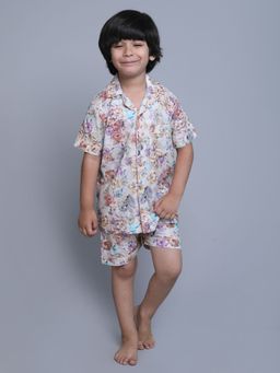 Little Clothings - Boys Multi-Color Cotton Floral Printed Shirt with Shorts (Set of 2)