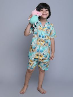 Little Clothings - Boys Blue Cotton Floral Printed Shirt with Shorts (Set of 2)