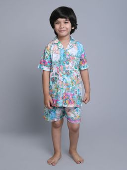 Little Clothings - Boys Blue Cotton Printed Shirt with Shorts (Set of 2)