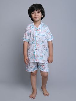 Little Clothings - Boys Blue Cotton Printed Shirt with Shorts (Set of 2)