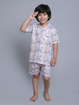 Little Clothings - Boys White Cotton Geometric Printed Shirt with Shorts (Set of 2)
