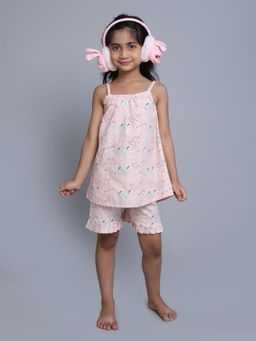 Little Clothings - Girls Pink Cotton Printed Top with Shorts (Set of 2)