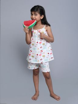 Little Clothings - Girls White Cotton Printed Top with Shorts (Set of 2)