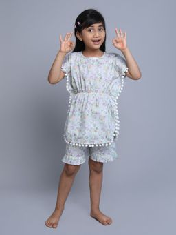 Little Clothings - Girls Green Cotton Floral Printed Kaftan Top with Shorts (Set of 2)