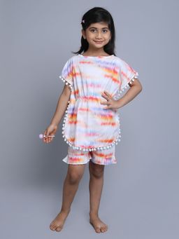 Little Clothings - Girls White Cotton Printed Kaftan Top with Shorts (Set of 2)