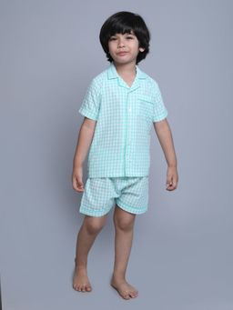 Little Clothings - Boys Green Cotton Checks Printed Shirt with Shorts (Set of 2)