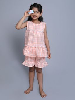 Little Clothings - Girls Orange Cotton Checks Printed Top with Shorts (Set of 2)