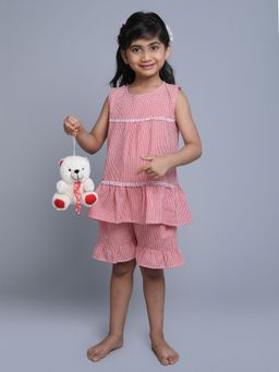 Little Clothings - Girls Red Cotton Checks Printed Top with Shorts (Set of 2)