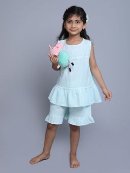 Little Clothings - Girls Green Cotton Stripes Printed Top with Shorts (Set of 2)