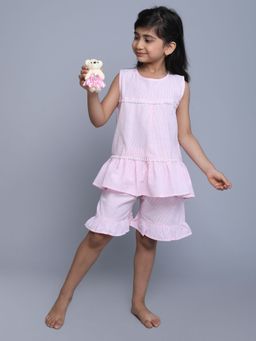 Little Clothings - Girls Lavender Cotton Stripes Printed Top with Shorts (Set of 2)