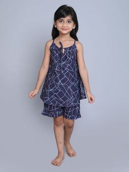 Little Clothings - Girls Navy Blue Cotton Geometric Printed Top with Shorts (Set of 2)